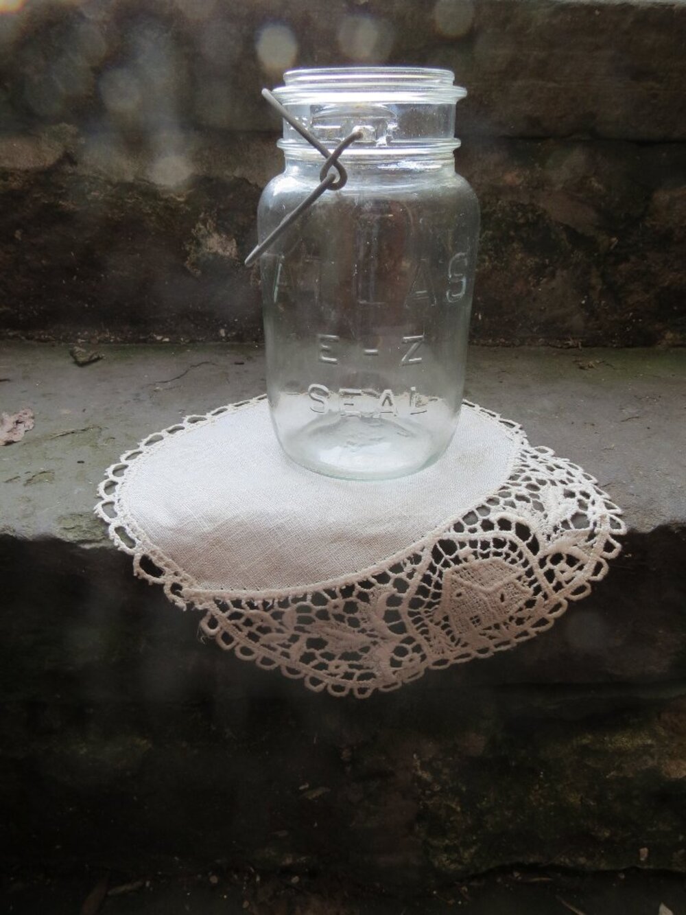 Vintage Atlas E-Z Seal Glass canning jar wire bail no lid 1900-1950’s & doily